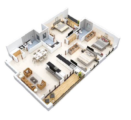 3BHK with Pooja Room Floor Plan
